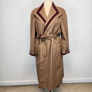 Vintage Etienne Aigner Brown Trench Coat Womens Size 14 Maroon Trim Belted Maude